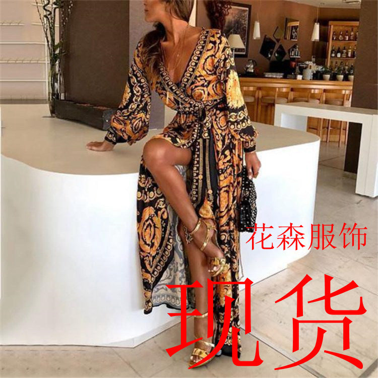 Spot European and American retro printed dress V-neck pullover retro style long-sleeved large swing split long