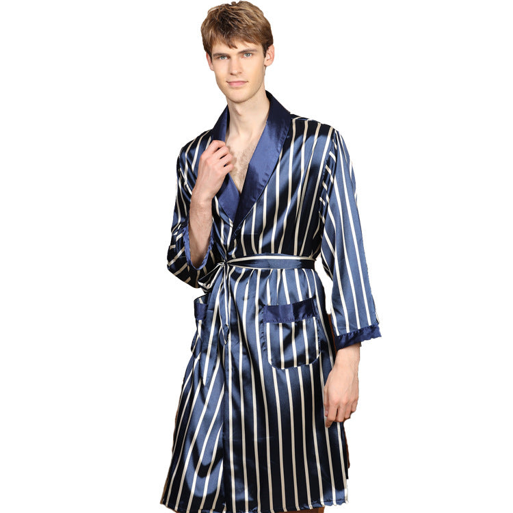 Cross-border men's one-piece artificial silk nightgown Spring and summer thin long-sleeved bathrobe Men's striped bathrobe 88013