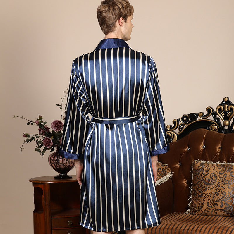 Cross-border men's one-piece artificial silk nightgown Spring and summer thin long-sleeved bathrobe Men's striped bathrobe 88013