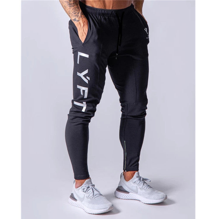 Muscle new sports trousers men's running training pure cotton slim feet pants tie belt casual pants