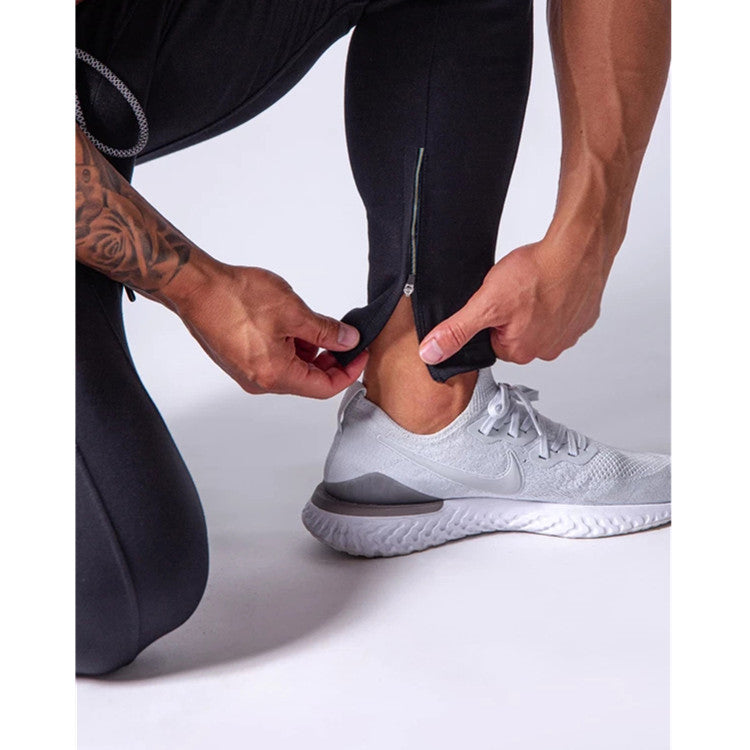 Muscle new sports trousers men's running training pure cotton slim feet pants tie belt casual pants