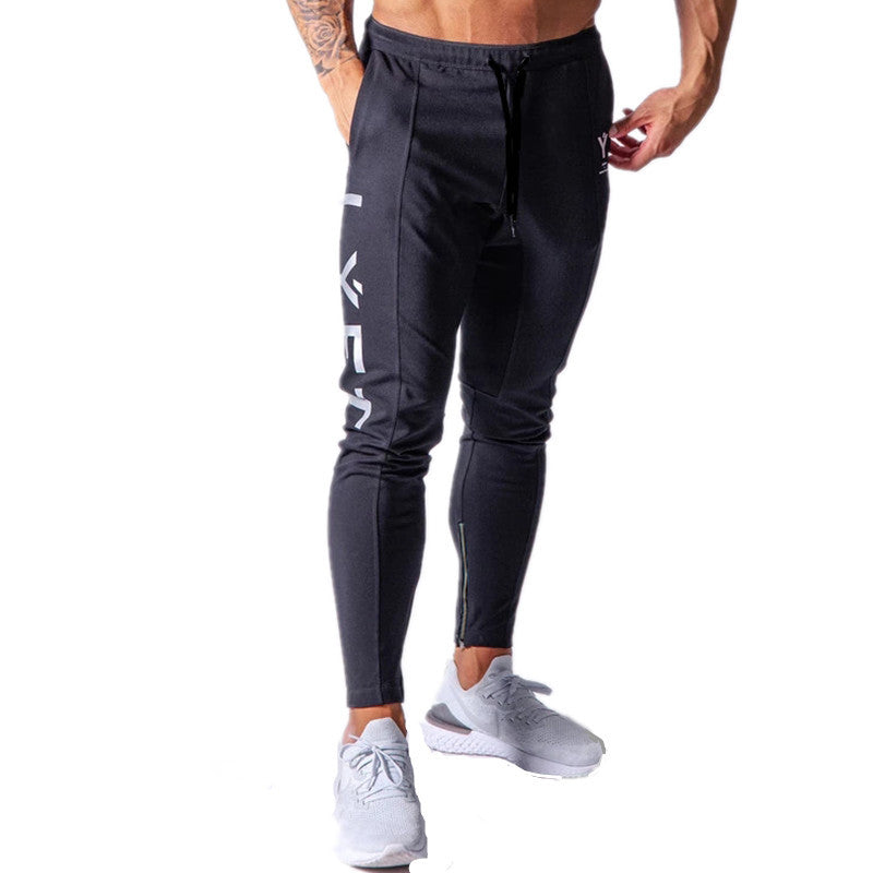 Muscle new sports trousers men's running training pure cotton slim feet pants tie belt casual pants