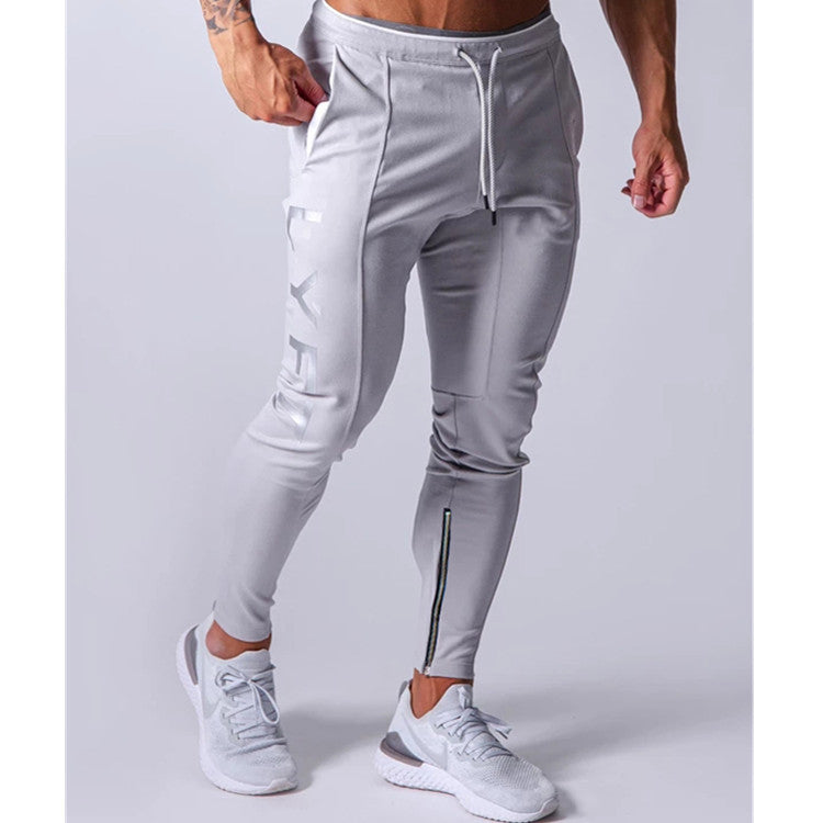 Muscle new sports trousers men's running training pure cotton slim feet pants tie belt casual pants