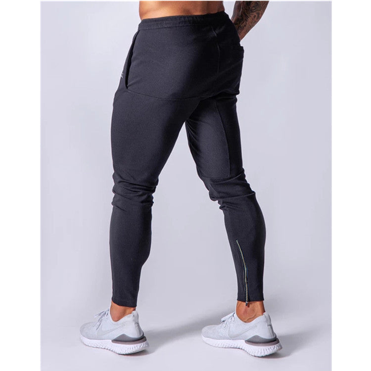 Muscle new sports trousers men's running training pure cotton slim feet pants tie belt casual pants
