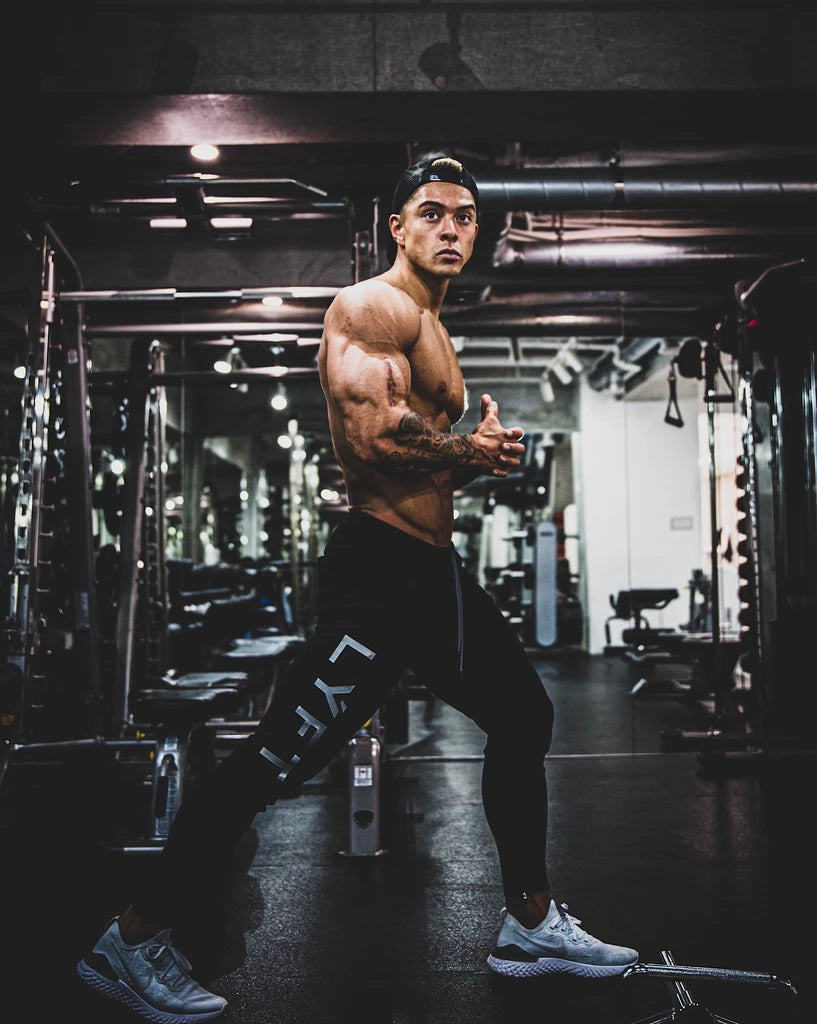 Muscle new sports trousers men's running training pure cotton slim feet pants tie belt casual pants