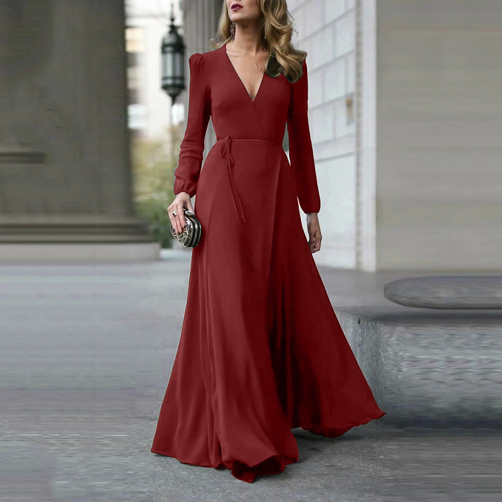 Cross-border European and American dress V-neck long-sleeved big swing tie slim temperament Amazon long skirt women's spot multi-color