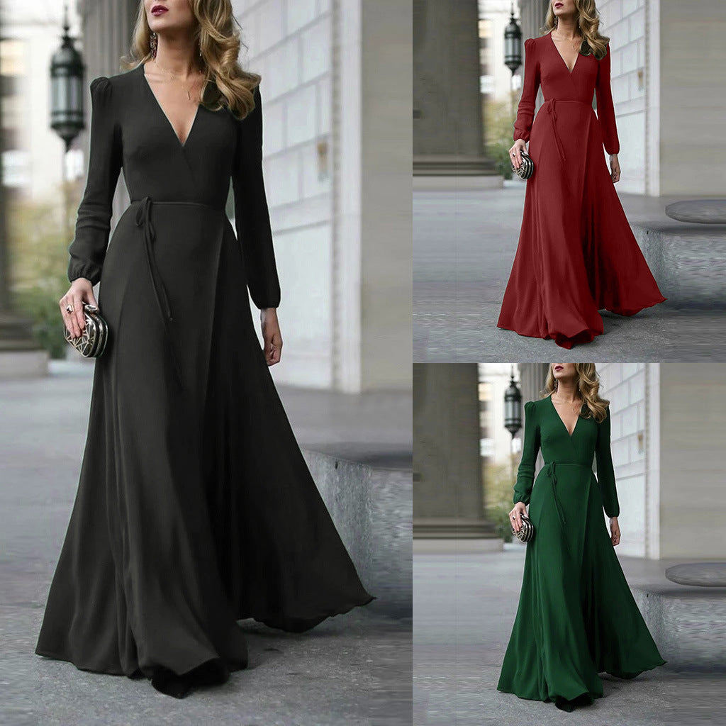 Cross-border European and American dress V-neck long-sleeved big swing tie slim temperament Amazon long skirt women's spot multi-color