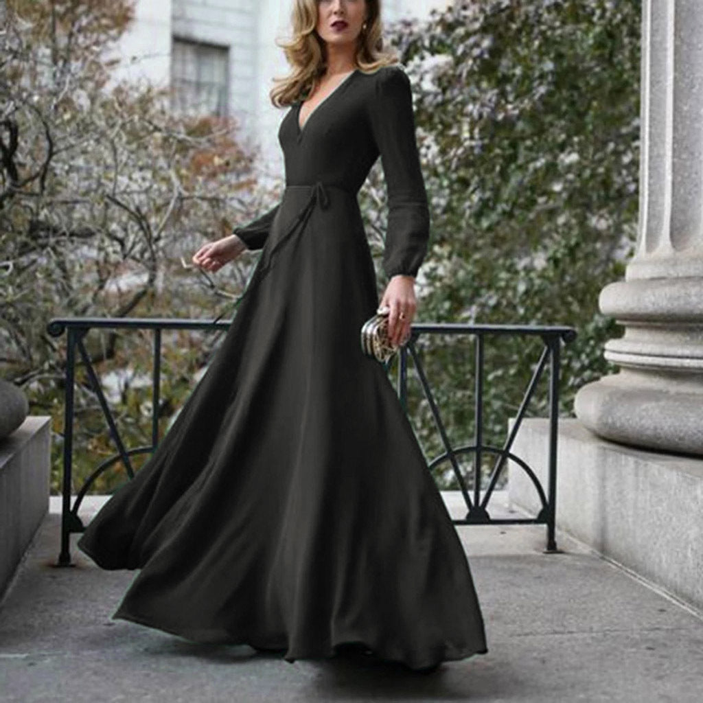 Cross-border European and American dress V-neck long-sleeved big swing tie slim temperament Amazon long skirt women's spot multi-color
