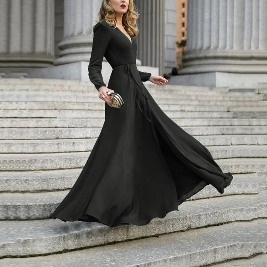 Cross-border European and American dress V-neck long-sleeved big swing tie slim temperament Amazon long skirt women's spot multi-color