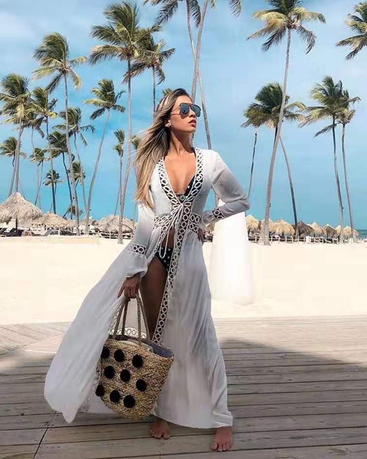 Seaside vacation bikini blouse loose long beach skirt man cotton with sun protection hot spring swimsuit shawl cardigan