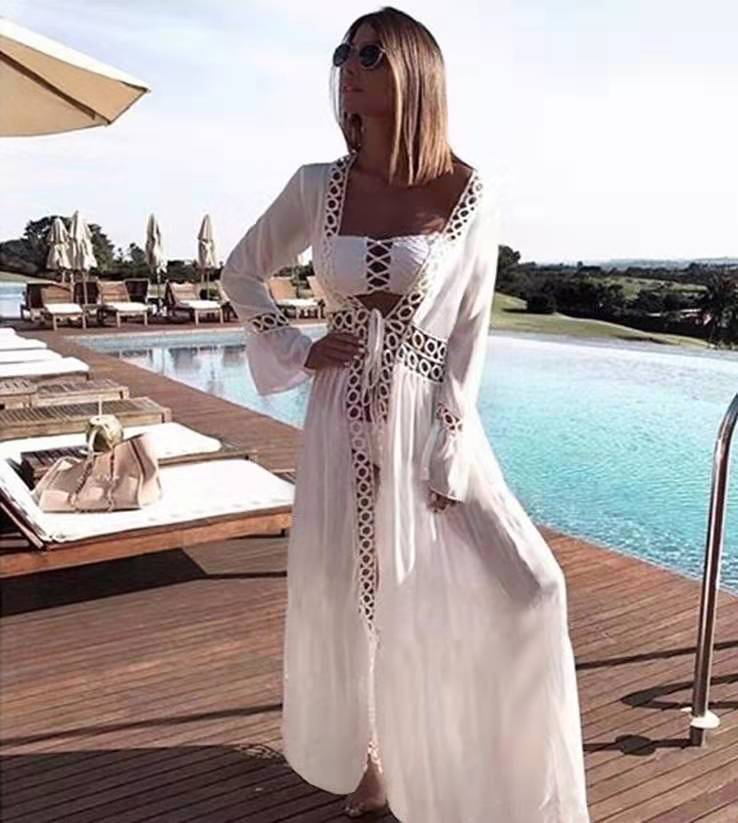 Seaside vacation bikini blouse loose long beach skirt man cotton with sun protection hot spring swimsuit shawl cardigan