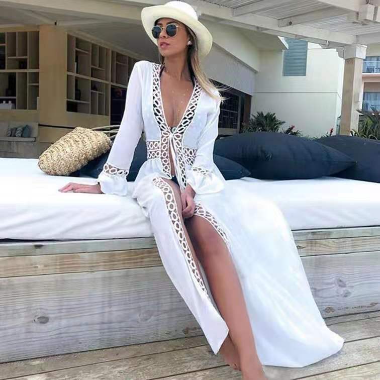 Seaside vacation bikini blouse loose long beach skirt man cotton with sun protection hot spring swimsuit shawl cardigan
