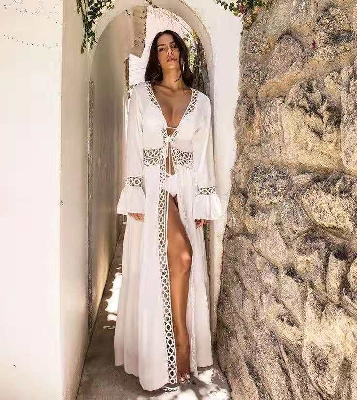 Seaside vacation bikini blouse loose long beach skirt man cotton with sun protection hot spring swimsuit shawl cardigan