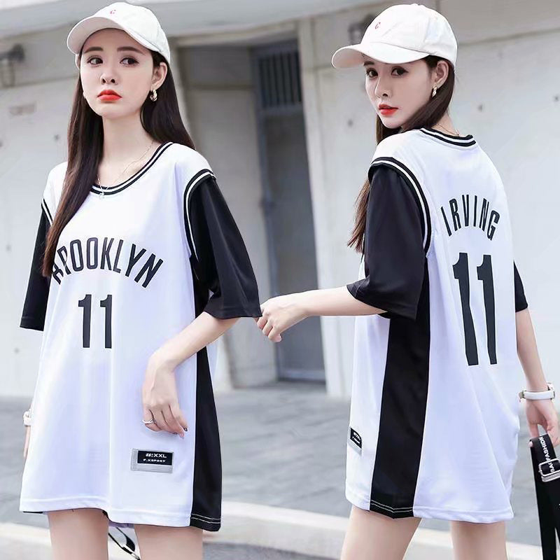 Fake two pieces of basketball clothing Korean version of sports t-shirt male and female students short-sleeved loose casual ball clothing class clothing wholesale