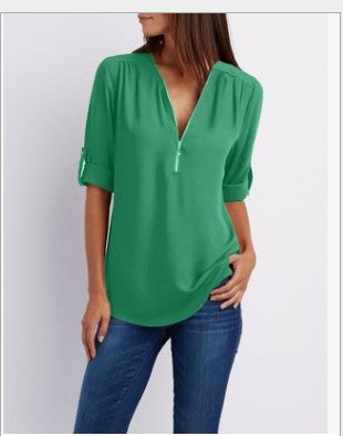 2023ebay European and American shirt V-neck zipper large size women's long sleeves rollable sleeves loose chiffon shirt European and American
