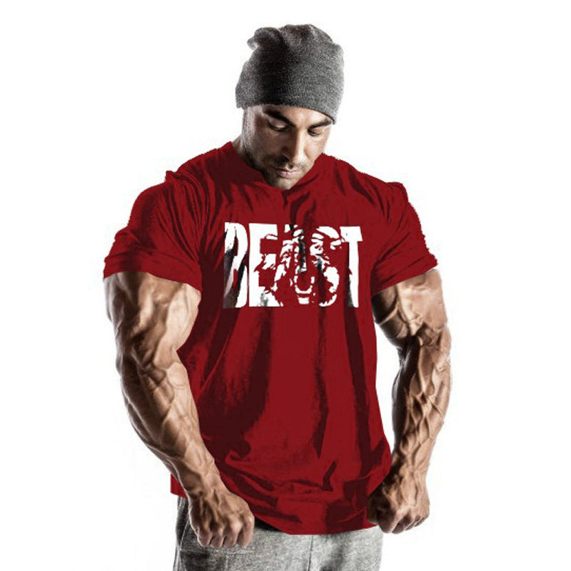 Amazon ebay European and American men's fitness sports beast printing beast round neck cotton muscle T-shirt