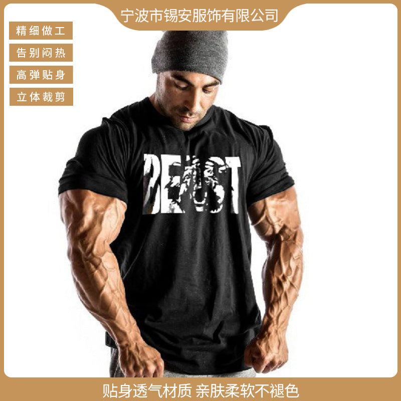 Amazon ebay European and American men's fitness sports beast printing beast round neck cotton muscle T-shirt
