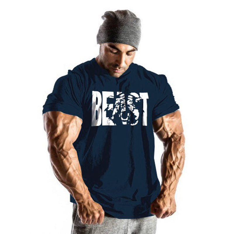 Amazon ebay European and American men's fitness sports beast printing beast round neck cotton muscle T-shirt