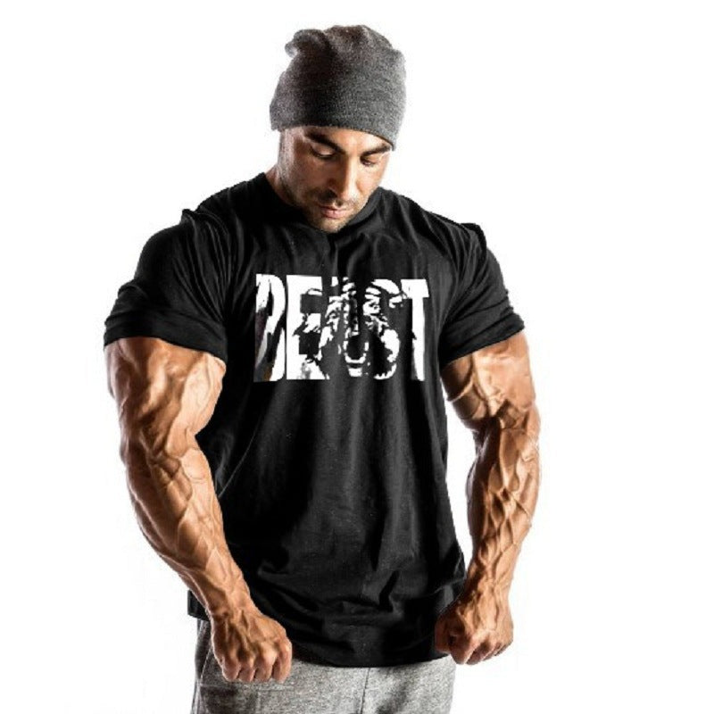Amazon ebay European and American men's fitness sports beast printing beast round neck cotton muscle T-shirt