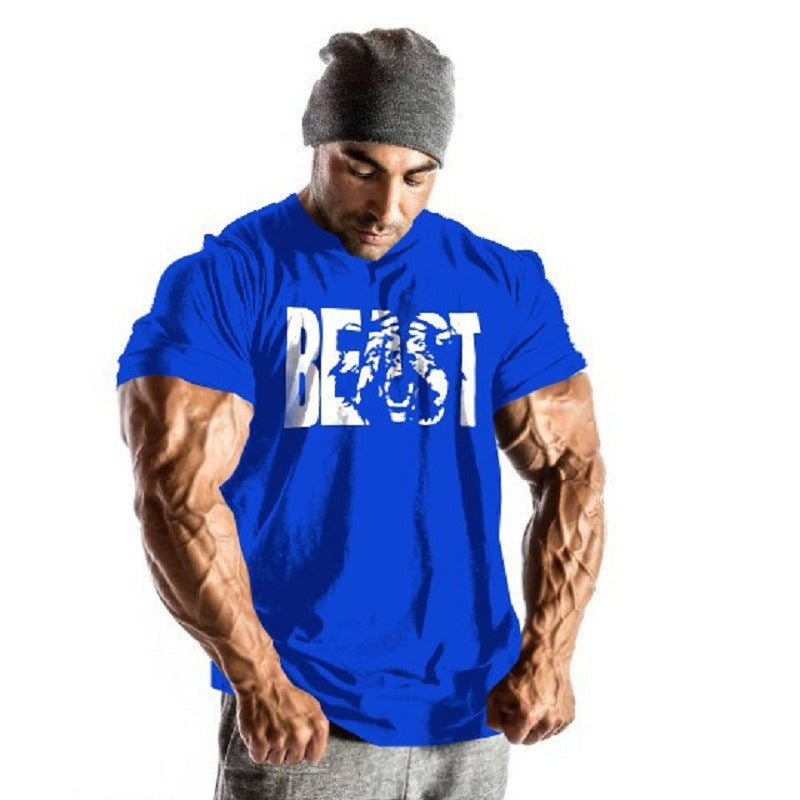 Amazon ebay European and American men's fitness sports beast printing beast round neck cotton muscle T-shirt