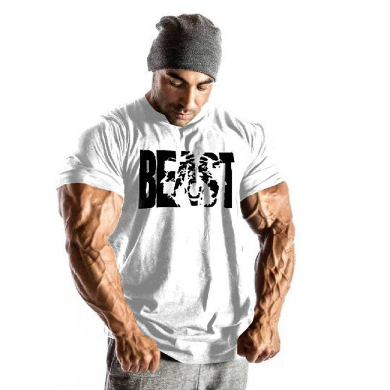 Amazon ebay European and American men's fitness sports beast printing beast round neck cotton muscle T-shirt