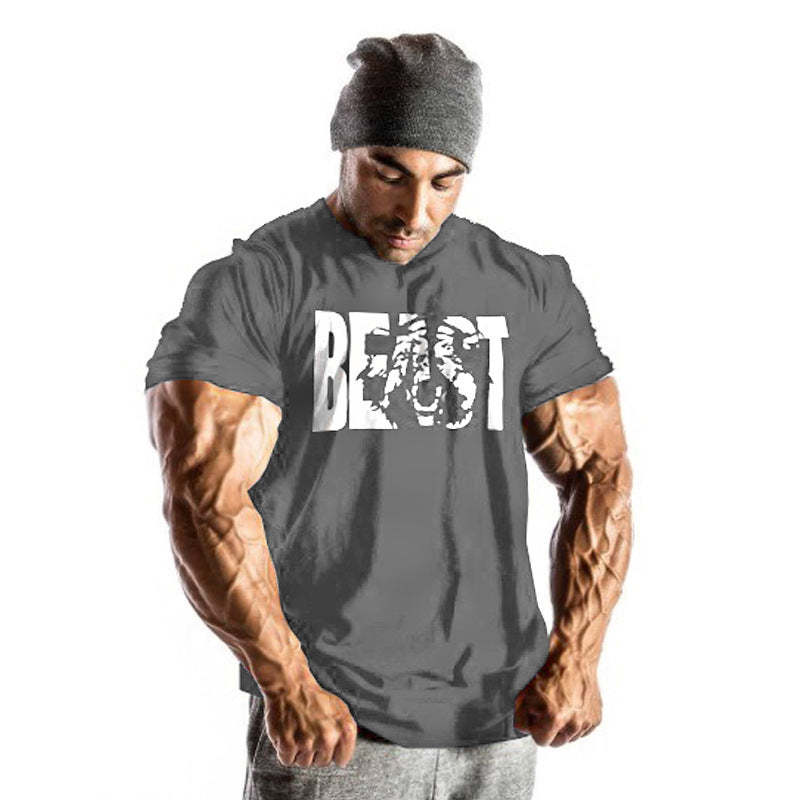 Amazon ebay European and American men's fitness sports beast printing beast round neck cotton muscle T-shirt