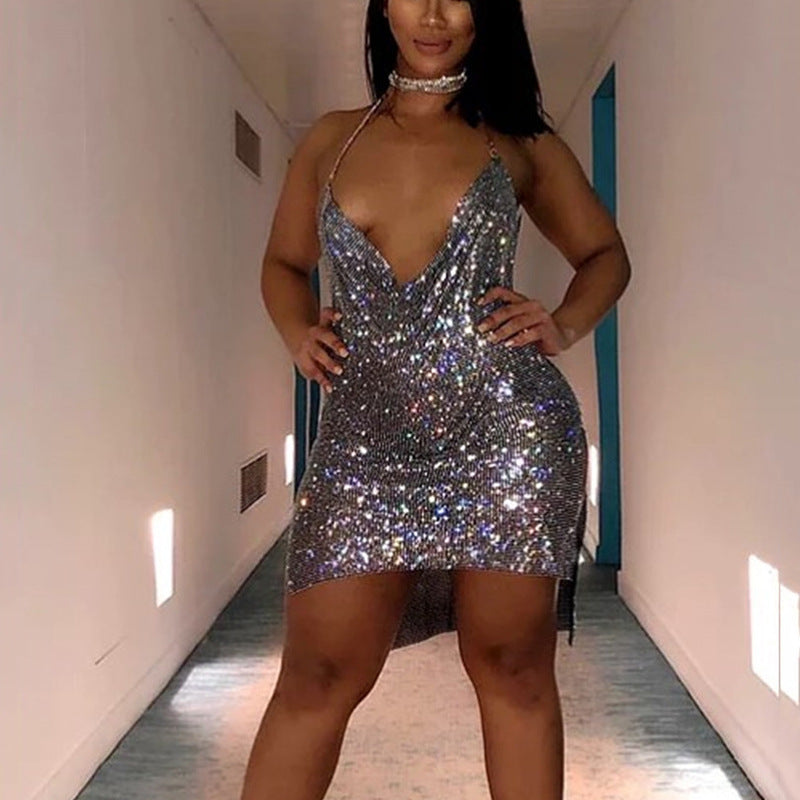 Amazon ebay AliExpress wish explosion rhinestone suspender skirt aluminum mesh diamond dress bag hip skirt ZJ0156