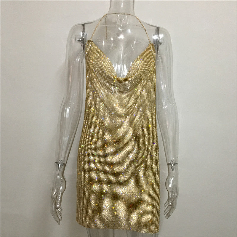 Amazon ebay AliExpress wish explosion rhinestone suspender skirt aluminum mesh diamond dress bag hip skirt ZJ0156