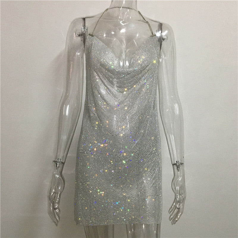 Amazon ebay AliExpress wish explosion rhinestone suspender skirt aluminum mesh diamond dress bag hip skirt ZJ0156