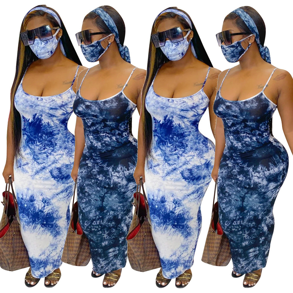 JH 176 Amazon cross-border foreign trade new fashion sexy printed suspender dress with mask headscarf