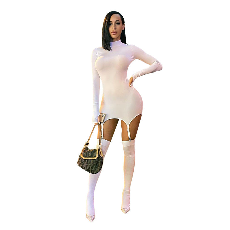 Foreign trade women's clothing 2020 autumn AliExpress new solid color long-sleeved high-neck slim fit hip sexy hook socks dress