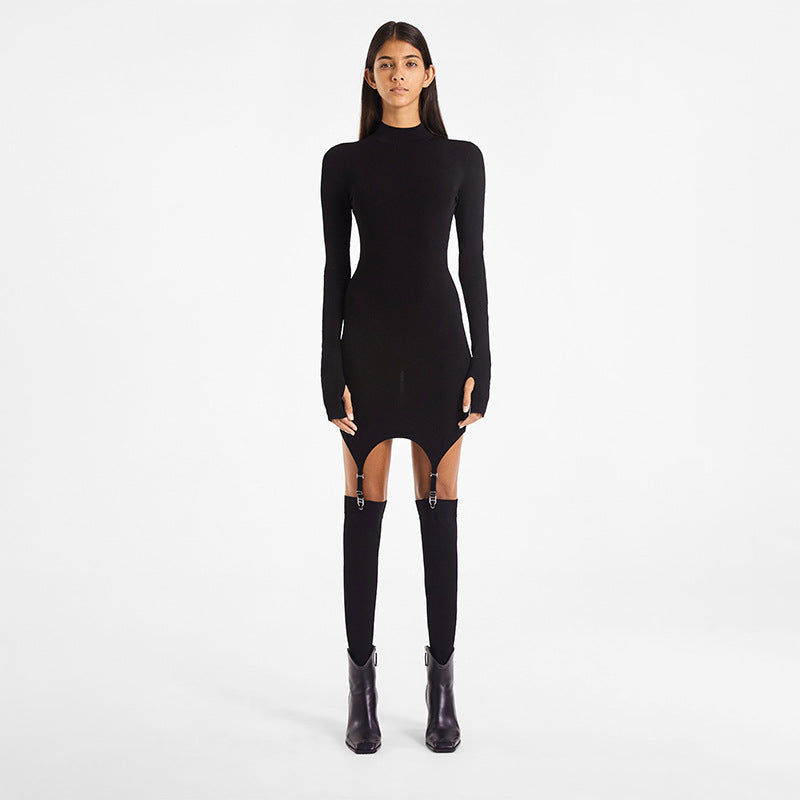 Foreign trade women's clothing 2020 autumn AliExpress new solid color long-sleeved high-neck slim fit hip sexy hook socks dress