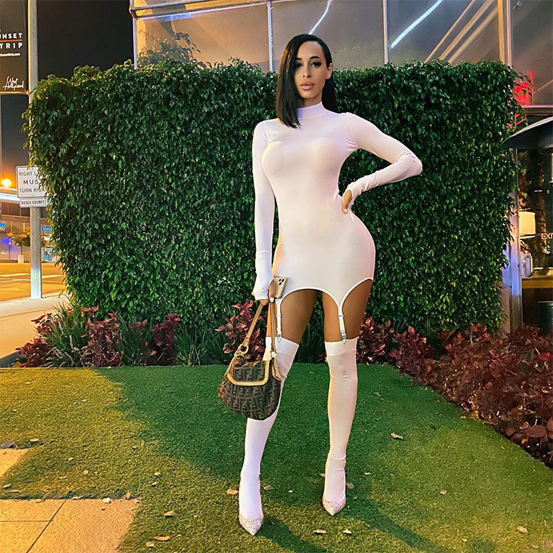 Foreign trade women's clothing 2020 autumn AliExpress new solid color long-sleeved high-neck slim fit hip sexy hook socks dress