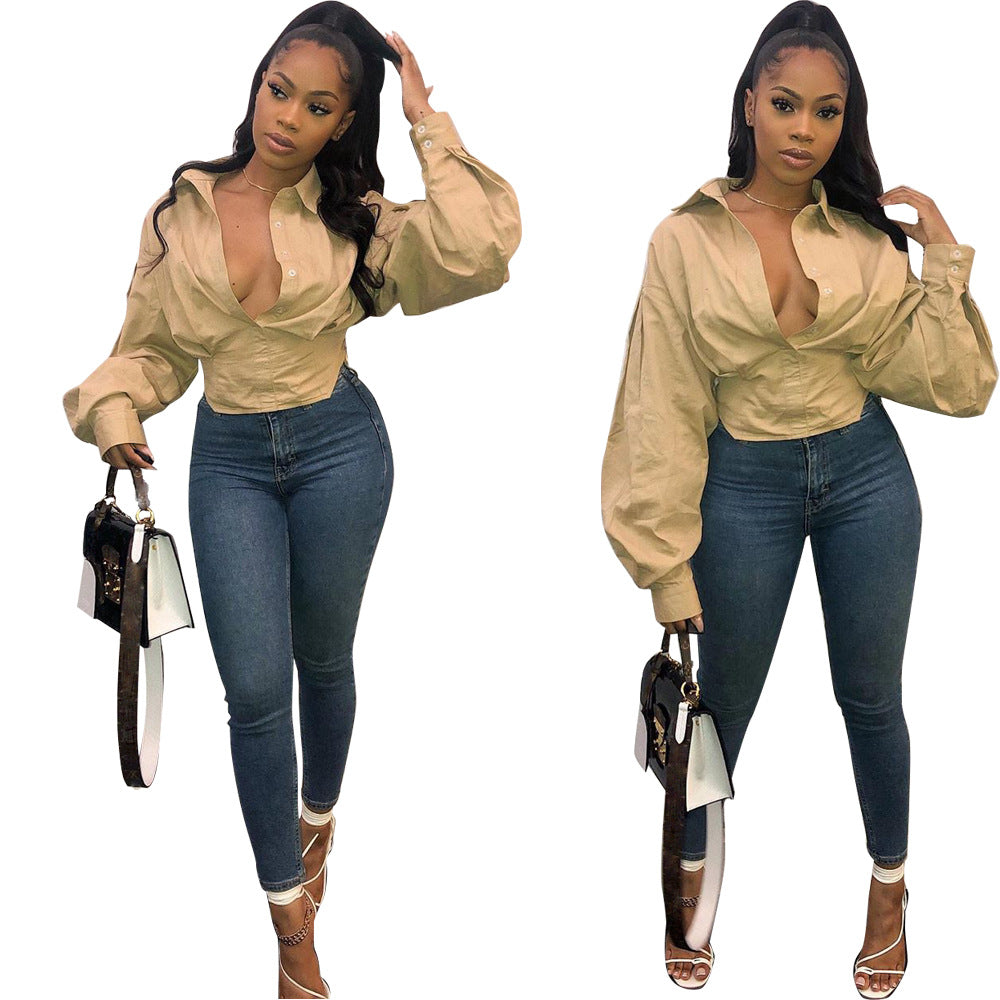 5370 Cross-border Women's Clothing Europe and America Amazon Independent Station Fashion Top Slim Temperament Solid Color Lantern Sleeve Shirt