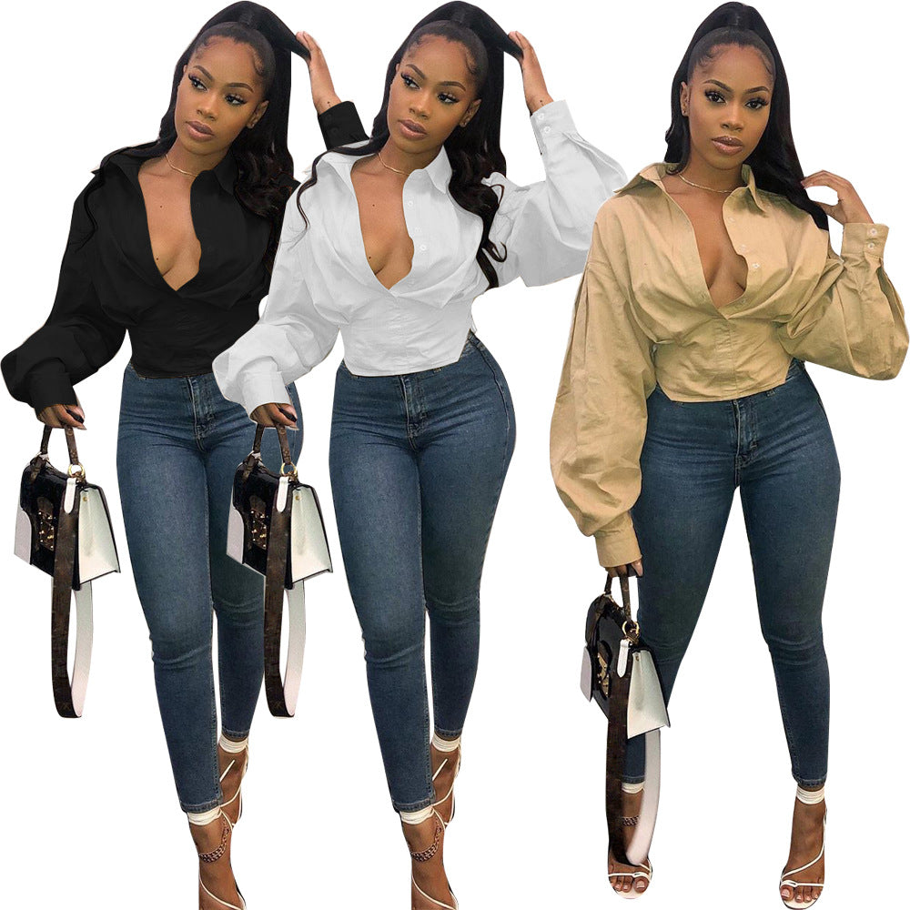 5370 Cross-border Women's Clothing Europe and America Amazon Independent Station Fashion Top Slim Temperament Solid Color Lantern Sleeve Shirt