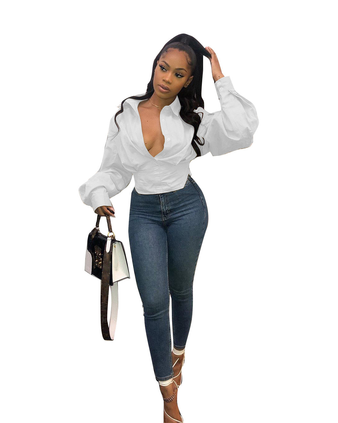 5370 Cross-border Women's Clothing Europe and America Amazon Independent Station Fashion Top Slim Temperament Solid Color Lantern Sleeve Shirt