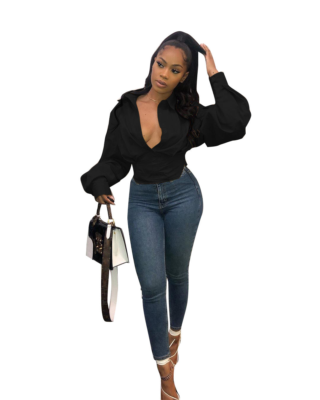 5370 Cross-border Women's Clothing Europe and America Amazon Independent Station Fashion Top Slim Temperament Solid Color Lantern Sleeve Shirt