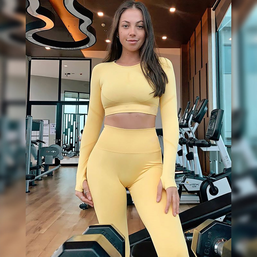 Cross-border European and American seamless knitted solid color full brocade round neck tight-fitting navel long-sleeved fitness sports yoga pants suit