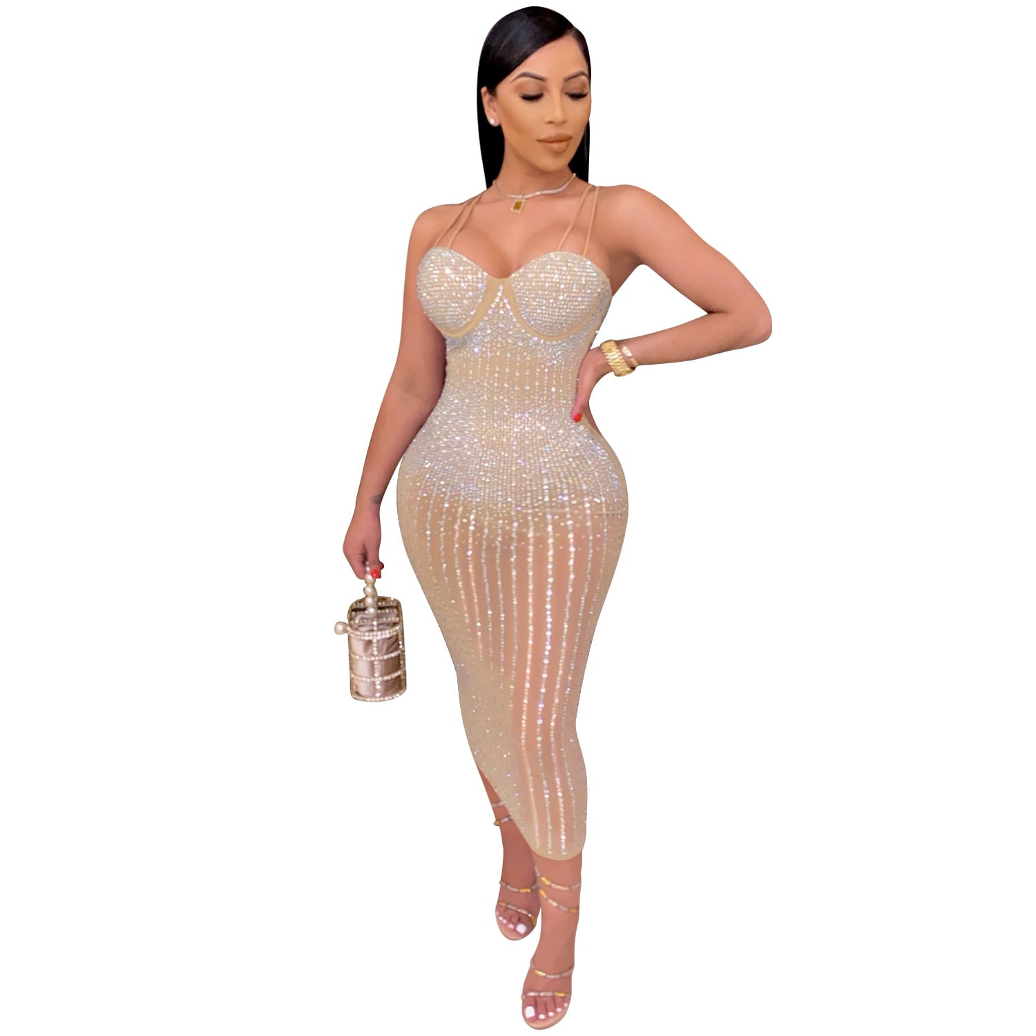 X3805 Cross-border new product European and American fashion women's clothing Party nightclub mesh see-through ironing diamond inlaid diamond strap dress