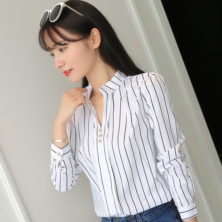 2024 Spring and Autumn New Temperament Casual Striped Long Sleeve Shirt Loose White Stand Collar Top Women's Pullover
