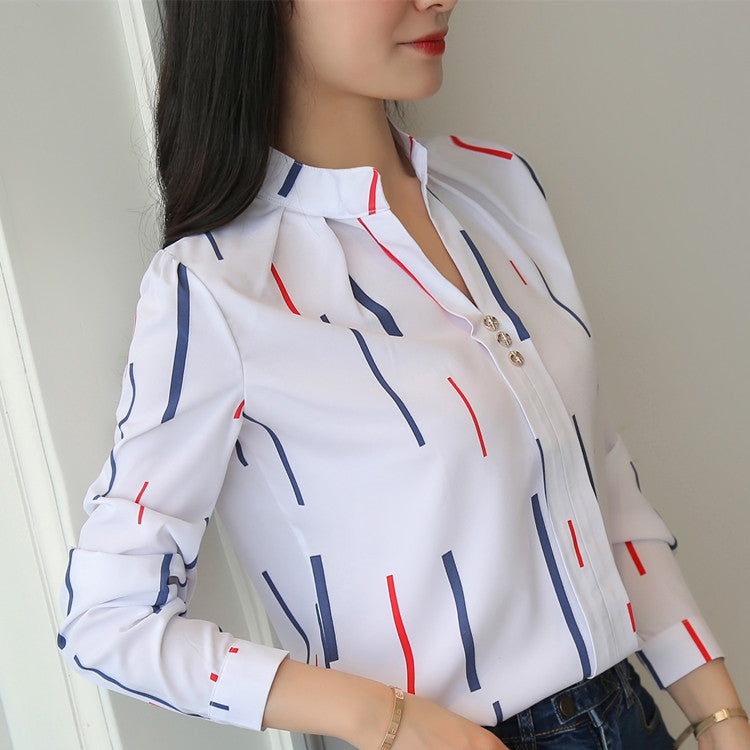 2024 Spring and Autumn New Temperament Casual Striped Long Sleeve Shirt Loose White Stand Collar Top Women's Pullover