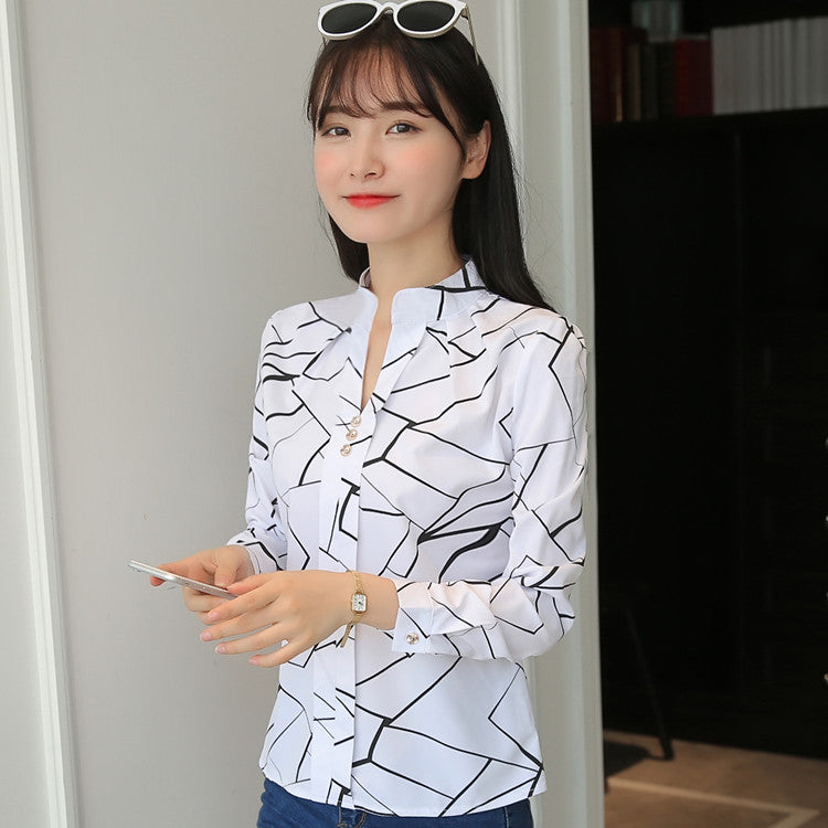 2024 Spring and Autumn New Temperament Casual Striped Long Sleeve Shirt Loose White Stand Collar Top Women's Pullover