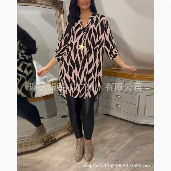 Women's cross-border clothing, spring and autumn new style, Amazon cross-border European and American fashion patterned V-neck plus size mid-sleeve top shirt