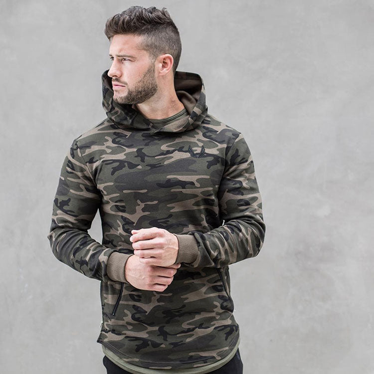 Muscle BOSS sweater men's running fitness sports leisure camouflage hooded pullover zipper pockets on both sides