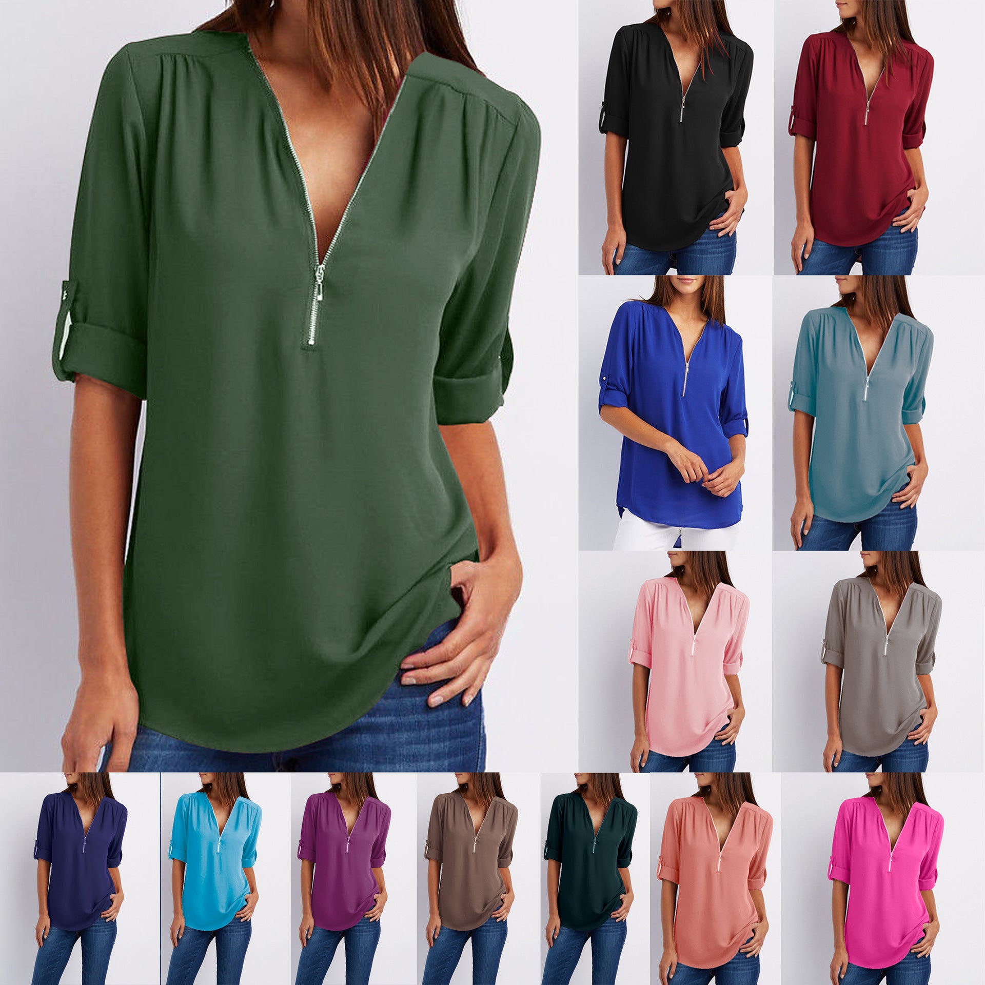 2023ebay European and American shirt V-neck zipper large size women's long sleeves rollable sleeves loose chiffon shirt European and American