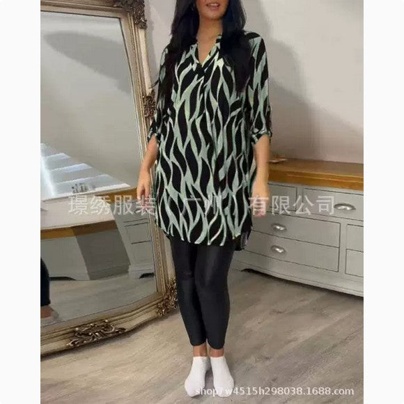 Women's cross-border clothing, spring and autumn new style, Amazon cross-border European and American fashion patterned V-neck plus size mid-sleeve top shirt