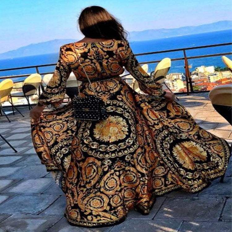 Spot European and American retro printed dress V-neck pullover retro style long-sleeved large swing split long