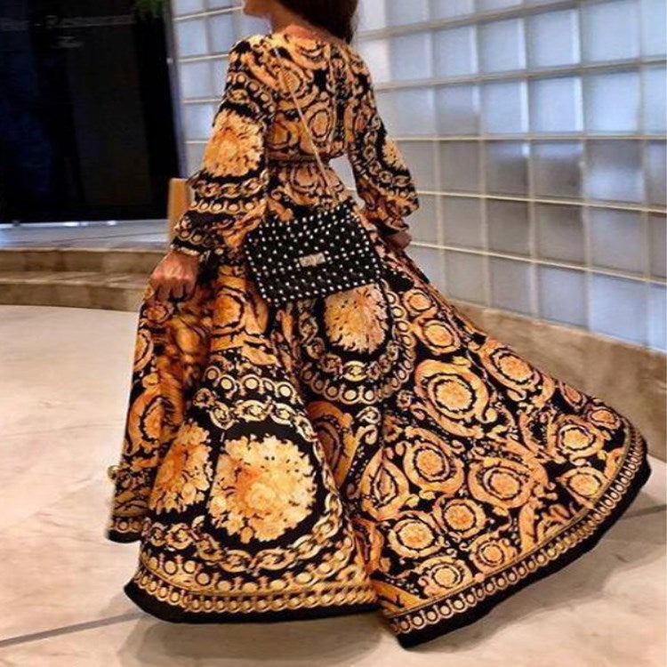 Spot European and American retro printed dress V-neck pullover retro style long-sleeved large swing split long