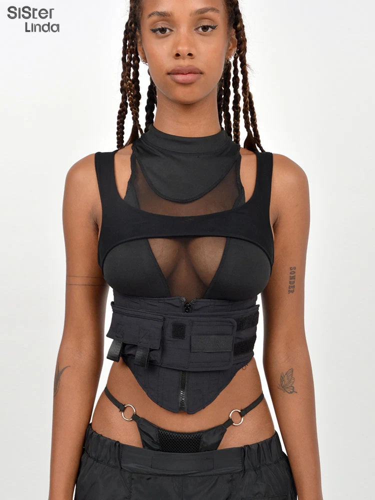 Sisterlinda Spring Mesh Patchwork Sexy Cool Moto Y2K Tank Top Women Skinny Belt Zip Multi-Layer Sporty Locomotive Trend Vest2022
