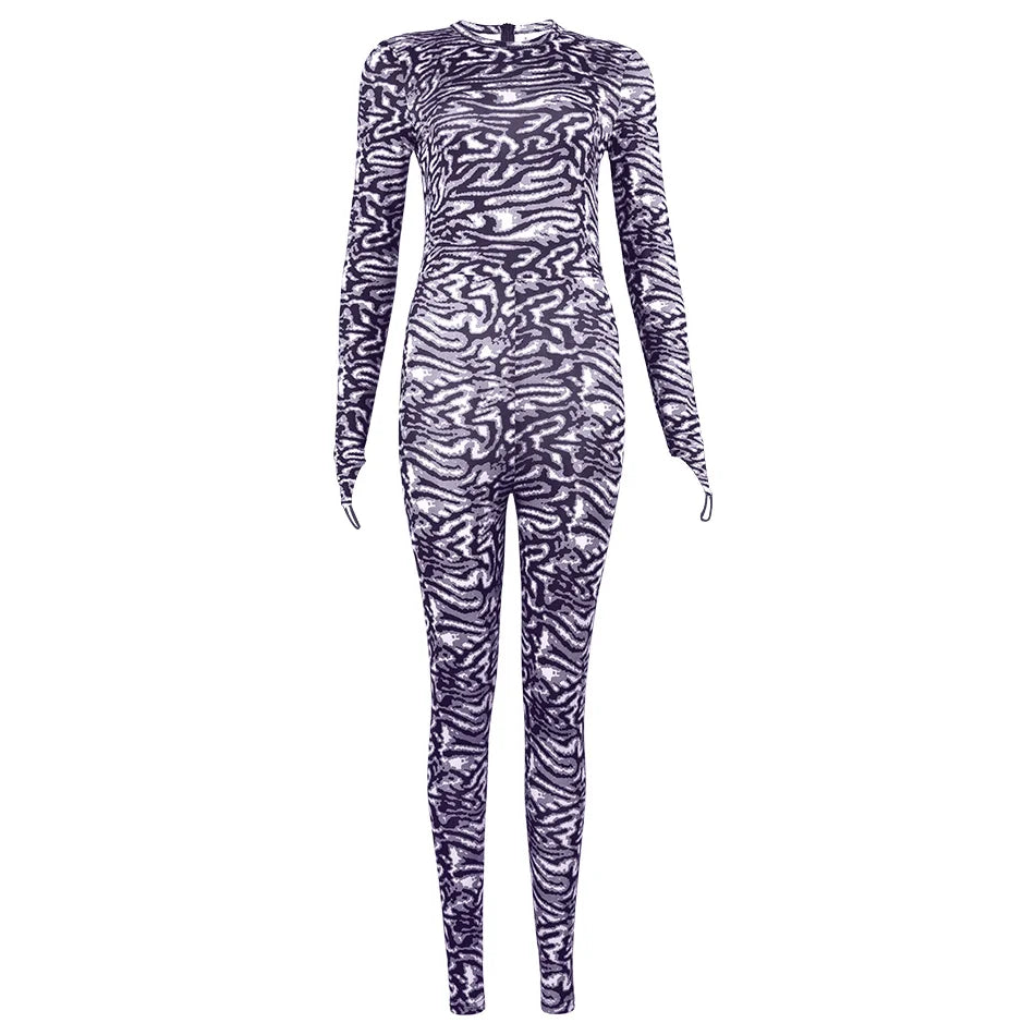Printed Jumpsuit Kylie Style With Elastic Finger Loop Details On Long Sleeves Fashion Zebra-Stripe Crewneck Catsuit